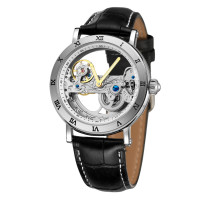 FORSINING Reloj esqueleto con correa de cuero genuino de estilo popular Movt automático de lujo de diseño único para hombres (blanco y negro)