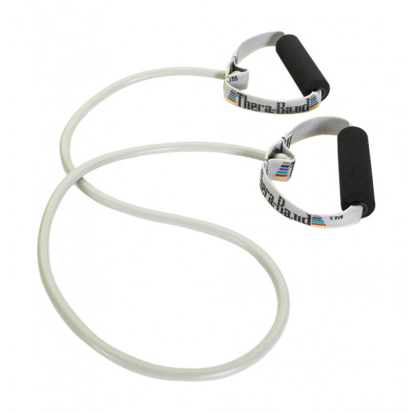 Theraband 21726 Tubo profesional de resistencia al látex con asas para ejercicio, rehabilitación y acondicionamiento de la parte superior del cuerpo, súper pesado, plateado