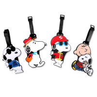 Juego de 4 piezas de etiquetas de identificación de equipaje de viaje de silicona con diseño de perro blanco Charlie Brown, etiqueta de identificación para bolsa, maleta, avión, cruceros con correa para cinturón