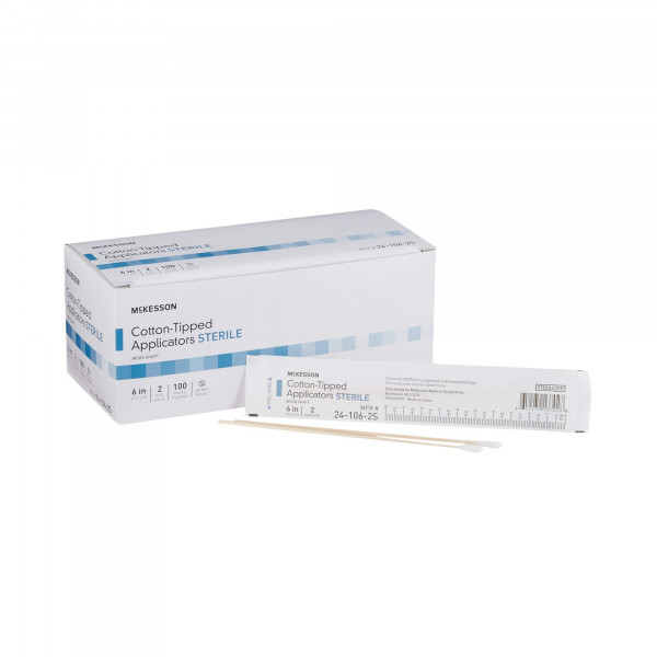 McKesson Aplicadores estériles con punta de algodón, 6 pulgadas, caja de 200 - Hisopos de algodón médicos para el cuidado, limpieza y aplicación de heridas, eje de madera, desechables