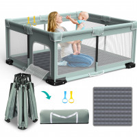 ICAREWAY Parque infantil plegable para bebés y niños pequeños, parque infantil portátil de 71 x 59 pulgadas con tapete, parque infantil plegable para niños con 2 asas, área de juegos para bebés interior y exterior con malla visible (verde claro)