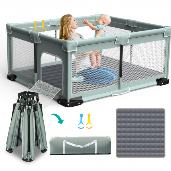 ICAREWAY Parque infantil plegable para bebés y niños pequeños, parque infantil portátil de 71 x 59 pulgadas con tapete, parque infantil plegable para niños con 2 asas, área de juegos para bebés interior y exterior con malla visible (verde claro)