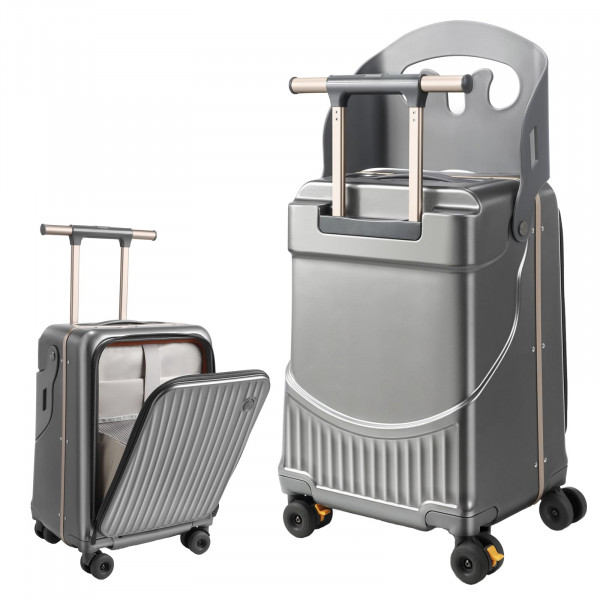 MAITUD Maleta para niños de 2 a 12 años, equipaje con asa ensanchada con asiento y bolsillo delantero, estuche de viaje ligero y rígido con ruedas giratorias silenciosas de 360° y cerradura aprobada por la TSA, gris