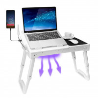TeqHome Mesa para ordenador portátil para cama, escritorio ajustable para ordenador portátil con ventilador, 4 puertos USB, escritorio portátil con patas plegables, soporte para ordenador portátil para sofá cama, bandeja con luz LED, almacenamiento, alfom
