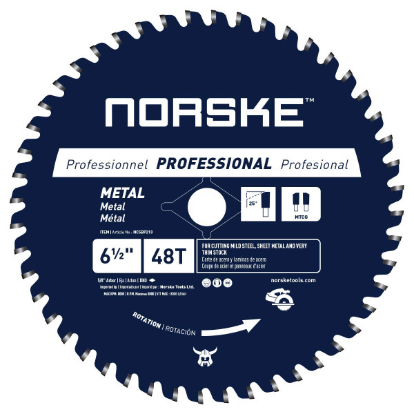 Norske Tools NCSBP210 Hoja de sierra para corte de metal 48T de 6-1/2 pulgadas para techos de acero, revestimientos metálicos, tuberías de acero, montantes de acero y más, orificio de 5/8 de pulgada con orificio perforador de diamante