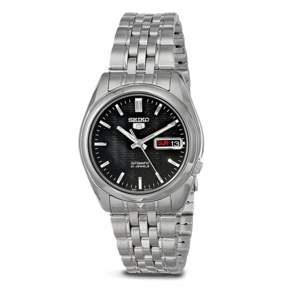 Reloj Automático SEIKO SNK361 para Hombre Colección 5-7S - Llamativa esfera negra con calendario de día/fecha, manecillas luminosas, caja y pulsera de acero inoxidable