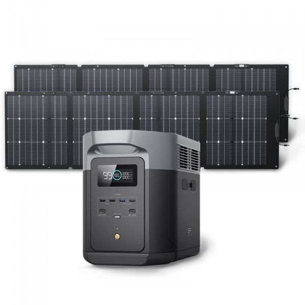 Generador solar EF ECOFLOW DELTA 2 Max 2048Wh con panel solar 2x220W, estación de energía portátil con batería LFP, salida de CA de hasta 3400W, carga dual rápida CA + solar Carga completa en 1 hora para camping RV