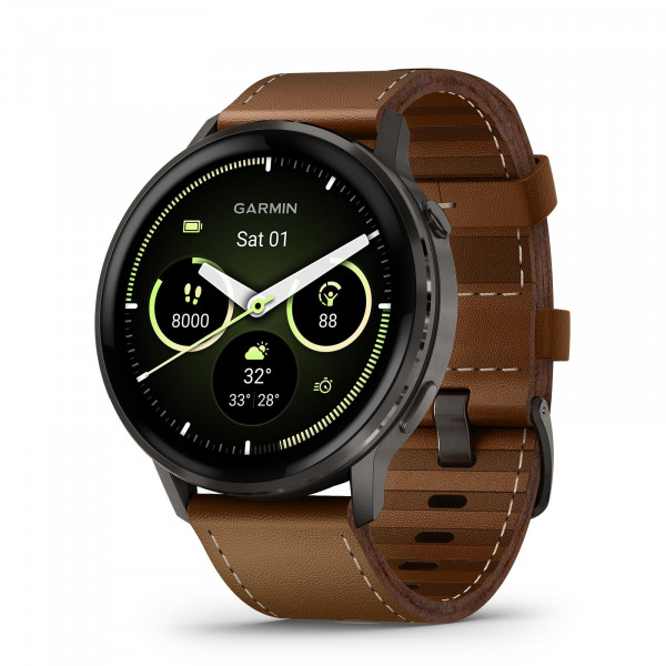 Garmin Venu® 4, 45 mm, reloj inteligente GPS avanzado de salud y fitness, pantalla colorida brillante, linterna incorporada, 12 días de duración de la batería, color pizarra con silicona negra y correa de cuero marrón - 2 bandas