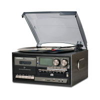 LoopTone Reproductor de discos de vinilo 9 en 1 Tocadiscos vintage Bluetooth de 3 velocidades Reproductor de casete de CD Radio AM/FM Grabadora USB Entrada auxiliar Salida de línea RCA (edición negra)