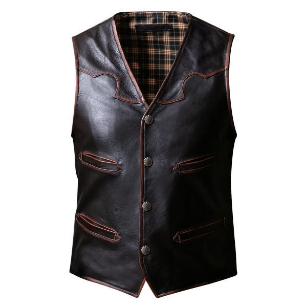 WPKDS Chaleco de piel de vaca premium desgastado vintage para hombre, chaqueta de motocicleta de cuero con múltiples bolsillos para las cuatro estaciones (marrón, 3XL)