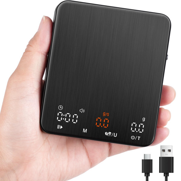 TIPRE Mini báscula de café espresso con temporizador y caudal, báscula de café digital de precisión de 2 kg/0,1 g, báscula de café espresso portátil recargable a través de USB-C, modos de preparación triple, pantalla LED, modo silencio, g/oz/lb:oz