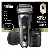 Braun Series 9 PRO+ Maquinilla de afeitar eléctrica para hombres, 5 elementos de afeitado profesional y recortadora de pelo largo de precisión, centro SmartCare 6 en 1, afeitadora eléctrica húmeda y seca para una piel suave con 60 minutos de duración de b