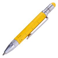 Troika Bolígrafo multitarea (pequeño), regla de centímetros/pulgadas, destornillador plano/Phillips, lápiz óptico (amarillo), recambio negro, incluye 2 recambios, aluminio/latón/acero, mate, amarillo