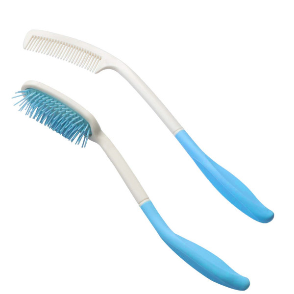 Kesywale Juego de peine y cepillo para el cabello con mango de largo alcance para personas mayores y con discapacidad manual, no es necesario levantar la mano (azul)