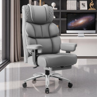 BestGlory Silla de escritorio de oficina, silla de juegos de cuero grande y alta con reposapiés, amplias y ergonómicas, cómodas sillas ejecutivas reclinables para computadora con respaldo alto, ruedas giratorias y soporte lumbar acolchado, gris