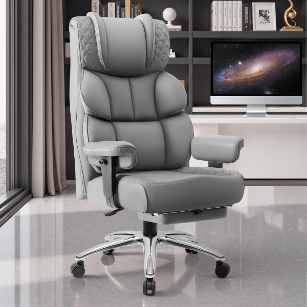 BestGlory Silla de escritorio de oficina, silla de juegos de cuero grande y alta con reposapiés, amplias y ergonómicas, cómodas sillas ejecutivas reclinables para computadora con respaldo alto, ruedas giratorias y soporte lumbar acolchado, gris