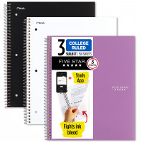 Cuaderno en espiral Five Star + aplicación de estudio, 3 materias, papel con rayas universitarias, 11 x 8-1/2, 150 hojas, colores surtidos, paquete de 3 (820192)
