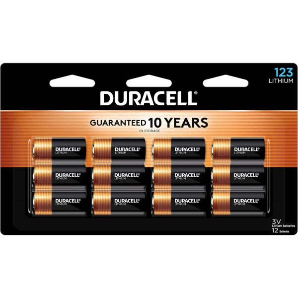 DURACELL CR123A Batería de litio de 3 V, 3 voltios de alta potencia para seguridad en el hogar, dispositivos de seguridad, linternas, alarmas de humo y automatización, paquete de 12