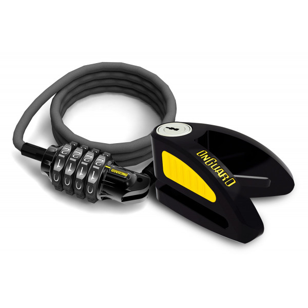 Candado de disco OnGuard Boxer DT con cable combinado: candado de disco de acero endurecido de 14 mm, cable de acero recubierto de vinilo de 10 mm, núcleo de cilindro Z, estuche de transporte y cable recordatorio