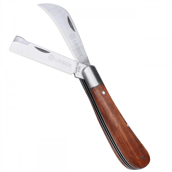 Linsen-outdoors Cuchillo de jardín y cuchillo de injerto con doble hoja para zurdos y diestros, el diseño clásico con cómodo mango de palisandro y punta afilada de acero inoxidable