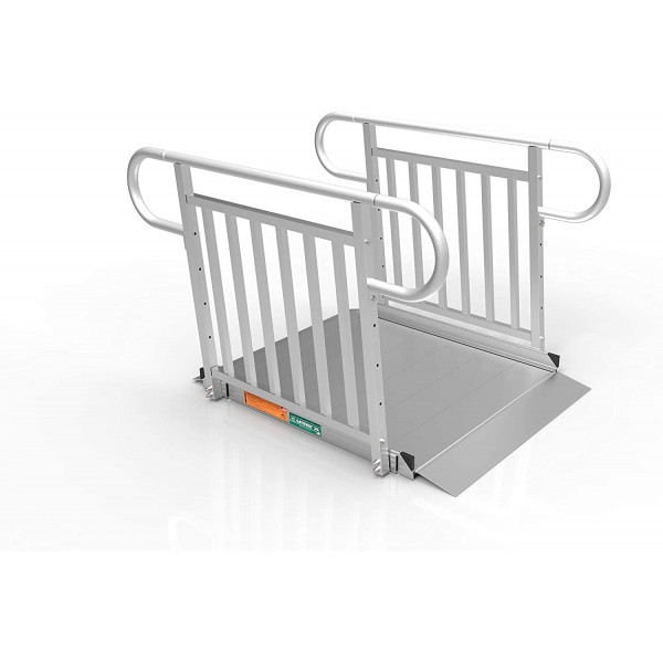 EZ-ACCESS - Rampa portátil para silla de ruedas y rampa de aluminio con pasamanos - Dispositivo de movilidad resistente, rampa para discapacitados con superficie sólida para escalones y pasamanos verticales - 3G de 5 pies, plateado
