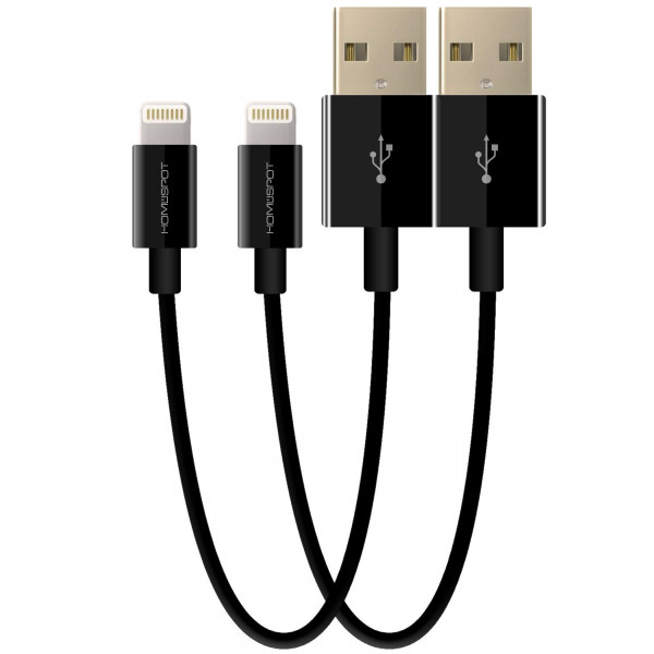 HomeSpot Cargador corto para iPhone Cable Lightning Cable de carga MFI 5 Longitud corta certificado para iPhone 12/12Pro X / 8/8 Plus / 7/7 Plus iPad Air/Air 2 / Pro (paquete de 2 - Negro)