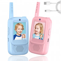 Video Walkie Talkies para niños, paquete de 2 recargables con alcance de 400 pies y batería de 3 días, Walkie Talkies para niños para jugar al aire libre, camping, senderismo, juegos de interior para niños y niñas de 3 a 12 años (azul/rosa)