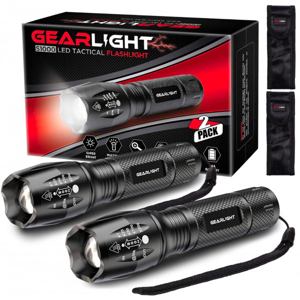 Linterna LED de altos lúmenes, mini linterna LED táctica, paquete de 2, haz con zoom de 5 modos, funciona con pilas (pilas no incluidas) para camping, caza, hogar y emergencia, linterna LED pequeña compacta