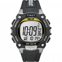 Reloj Timex Ironman Triathlon Classic 100 de 44 mm para hombre, caja negra y plateada, detalles en amarillo y correa de resina negra
