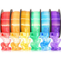 MIKA3D Paquete de filamentos para impresora 3D PLA de seda de cambio rápido de 2 colores de 1,75 mm, cambio de color blanco seda a rojo/naranja/oro/verde/azul/púrpura, cada carrete de 250 g, 6 carretes, total de 1,5 kg Paquete de PLA de seda de 250 g x 6