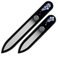 Mont Bleu Premium Juego de 2 limas de uñas de vidrio decoradas a mano con cristales - en funda de terciopelo negro - Vidrio templado checo genuino - Regalos para el día de la madre - Lima de uñas para uñas naturales