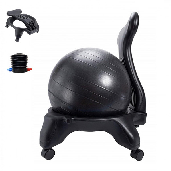 CMYUN Silla de pelota de yoga Silla de pelota de estabilidad con respaldo, pelotas para sentarse en el escritorio con ruedas y bomba de aire, pelota de yoga de equilibrio ergonómico, asiento de ejercicio físico, 55 cm