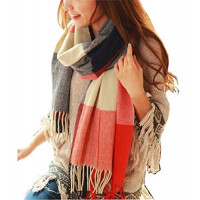 Wander Agio Moda Mujer Mantón Largo Rejilla Grande Invierno Cálido Enrejado Bufanda Grande Naranja Rojo Invierno