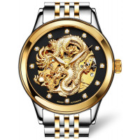 Gosasa Reloj dorado mecánico automático resistente al agua con esfera tallada de lujo 'Dragon Collection' para hombre (A - Hombres en dos tonos, negro)