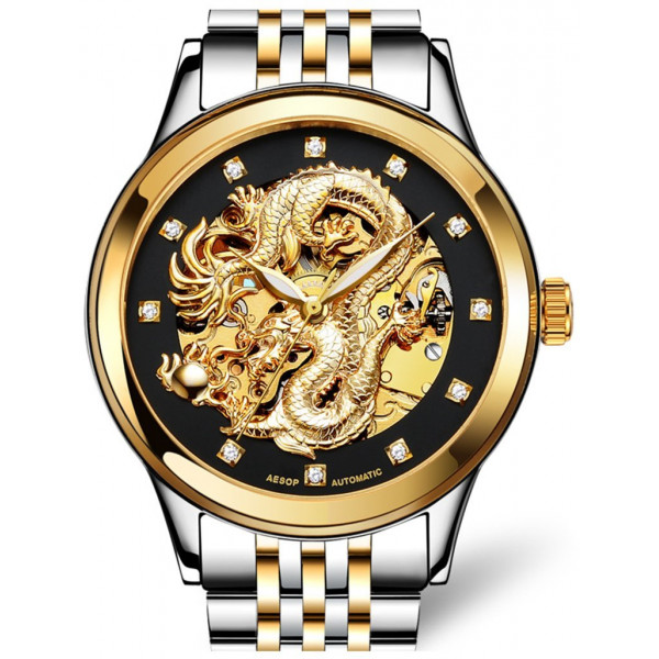Gosasa Reloj dorado mecánico automático resistente al agua con esfera tallada de lujo 'Dragon Collection' para hombre (A - Hombres en dos tonos, negro)