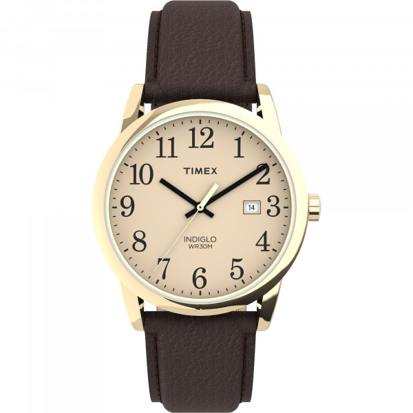 Reloj Timex Easy Reader de 38 mm, esfera color crema en tono dorado, correa de cuero marrón