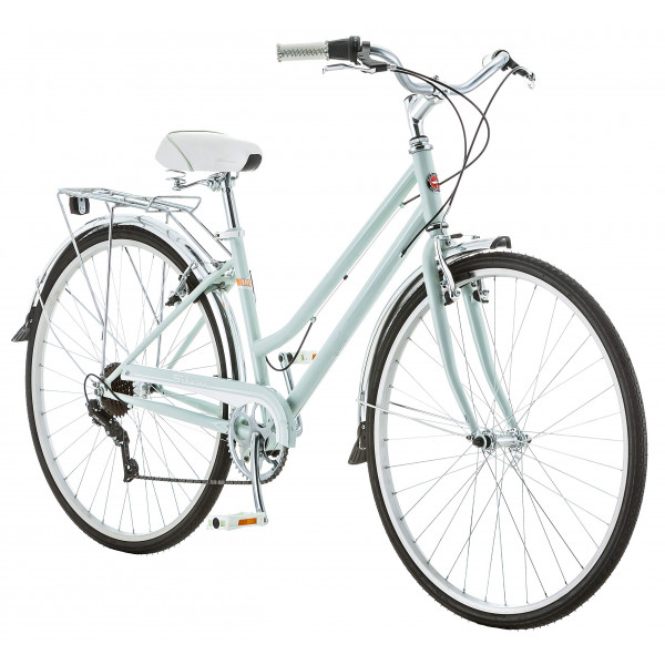 Bicicleta híbrida para adultos Schwinn Wayfarer, para hombres y mujeres, cuadro paso a paso de acero pequeño de 16 pulgadas, transmisión de 7 velocidades, portaequipajes trasero, ruedas 700C, menta clara