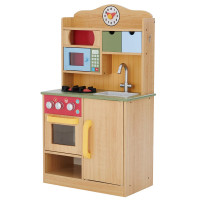 Teamson Kids Little Chef Florence Classic Cocina interactiva de madera con accesorios y espacio de almacenamiento para una fácil limpieza, veta de madera con detalles en rojo y amarillo