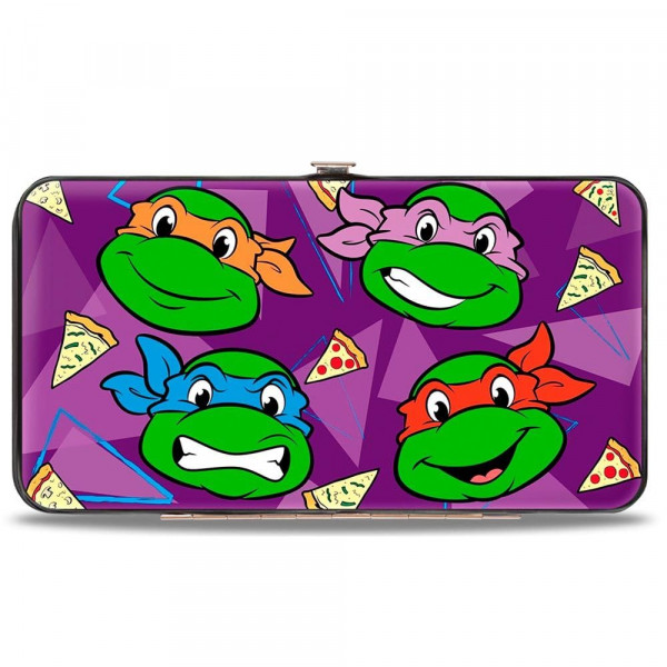 Caras clásicas de las Tortugas Ninja Mutantes Adolescentes + I PIZZA-HEART TMNT Triángulos Morados/Pizza - Cartera con bisagras