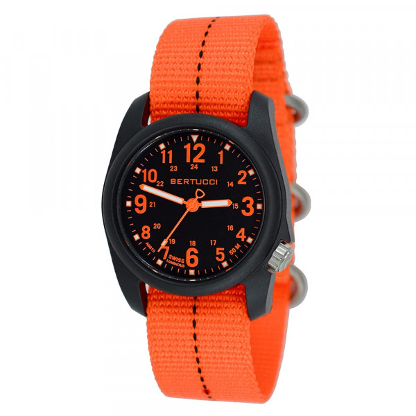 BERTUCCI 11042 DX3 Reloj de esfera negra con correa de nailon naranja y rayas de tablero de resina Field