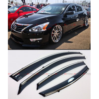 Deflector protector contra la lluvia para visera de ventana tintada ahumada de primera calidad con clips y adornos cromados, compatible con Nissan Altima sedán de 4 puertas 2013-2015