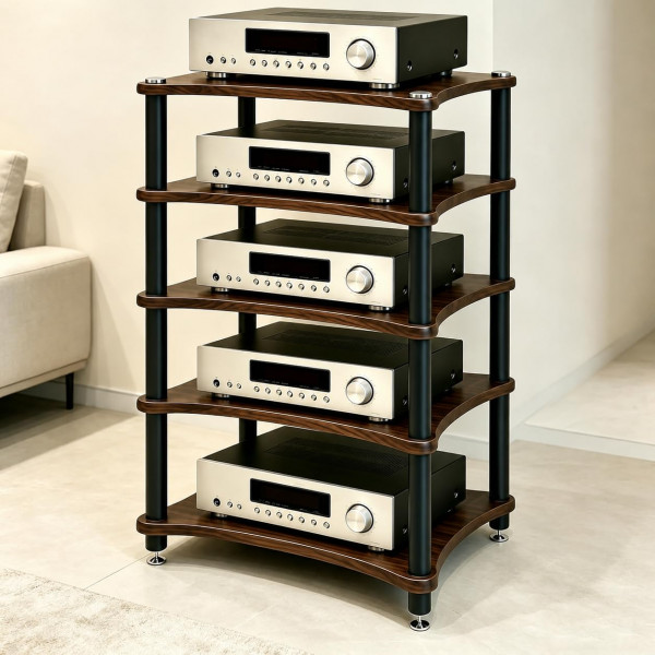 RAJYQODIS Estante para componentes de audio resistente, gran espacio de almacenamiento, soporte para medios AV con clavijas que absorben los golpes, soporte para reproductor de CD en torre de audio para el hogar/oficina/audio vídeo/teatro (nogal, 5 nivele