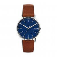 Skagen Reloj Signatur de tres manecillas de acero inoxidable plateado y correa de cuero marrón para hombre (Modelo: SKW6355)