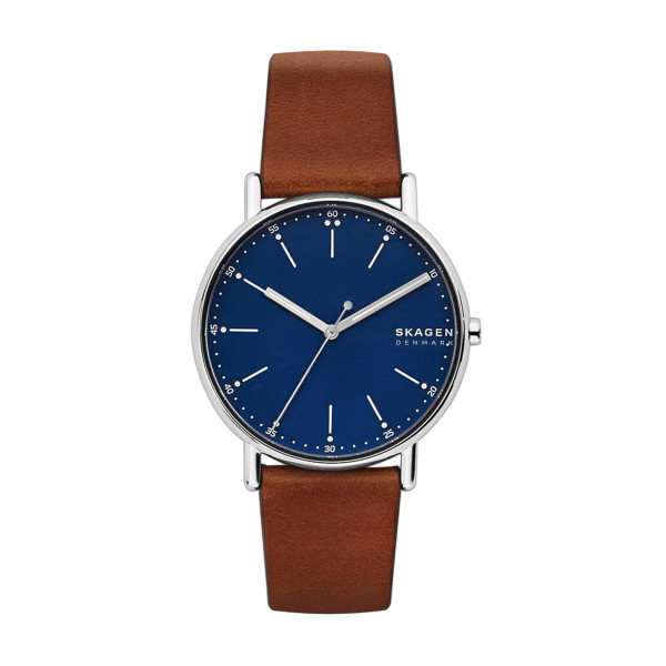 Skagen Reloj Signatur de tres manecillas de acero inoxidable plateado y correa de cuero marrón para hombre (Modelo: SKW6355)