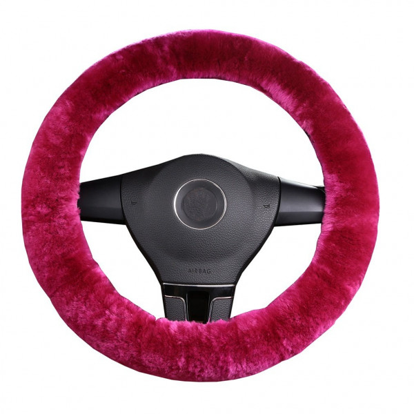 Dotesy Funda para volante de coche de lana pura, piel de oveja auténtica, gran agarre, antideslizante, protector universal para volante de coche, 15 pulgadas, para coche, camión, SUV, etc. (Rosa roja)