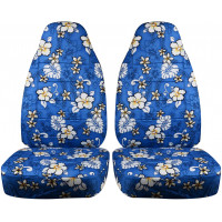 Totally Covers Fundas para asientos de automóvil con estampado hawaiano: Azul con flores - Ajuste universal - Delantero - Cubos - Opción para airbag, cinturón de seguridad, apoyabrazos y liberación/palanca de asiento compatible (6 impresiones)
