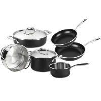 MAGEFESA Prisma Juego de utensilios de cocina de acero inoxidable de 8 piezas: ollas y sartenes duraderas con interior antiadherente, exterior negro mate, apto para horno hasta 392 °F