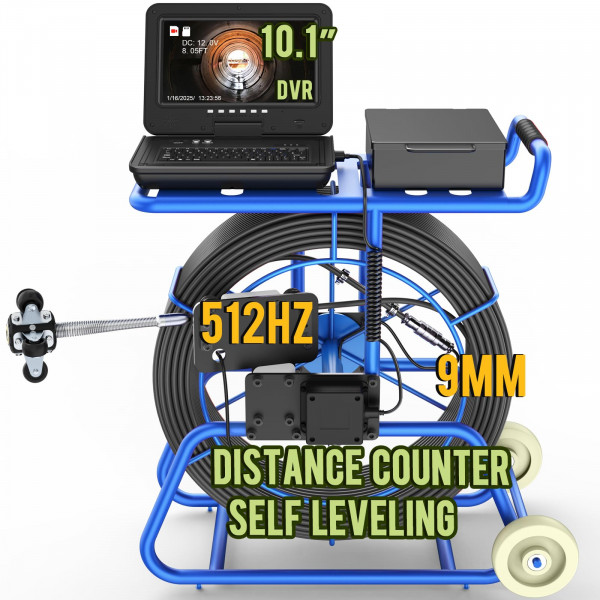 Anysun Cámara de alcantarillado con sonda de 512 Hz, cámara de alcantarillado autonivelante de 200 pies con contador de distancia, monitor IPS de 10,1 con micrófono y DVR, cámara de tubo de drenaje de 32 mm con 24 LED y cable de 9 mm (tarjeta de 32 GB)