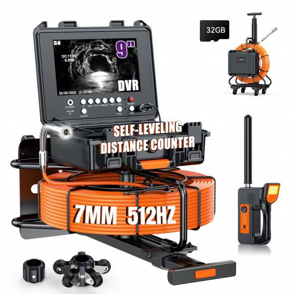 Hialemi Cámara de Alcantarillado Portátil de 9'' con Localizador - DVR 32GB - 7MM/300Ft/91.5M