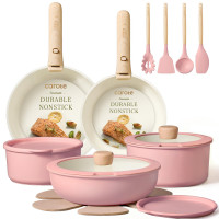 CAROTE Juego de Ollas y Sartenes de 19 Piezas Antiadherente, Utensilios de Cocina con Mango Desmontable, Rosa